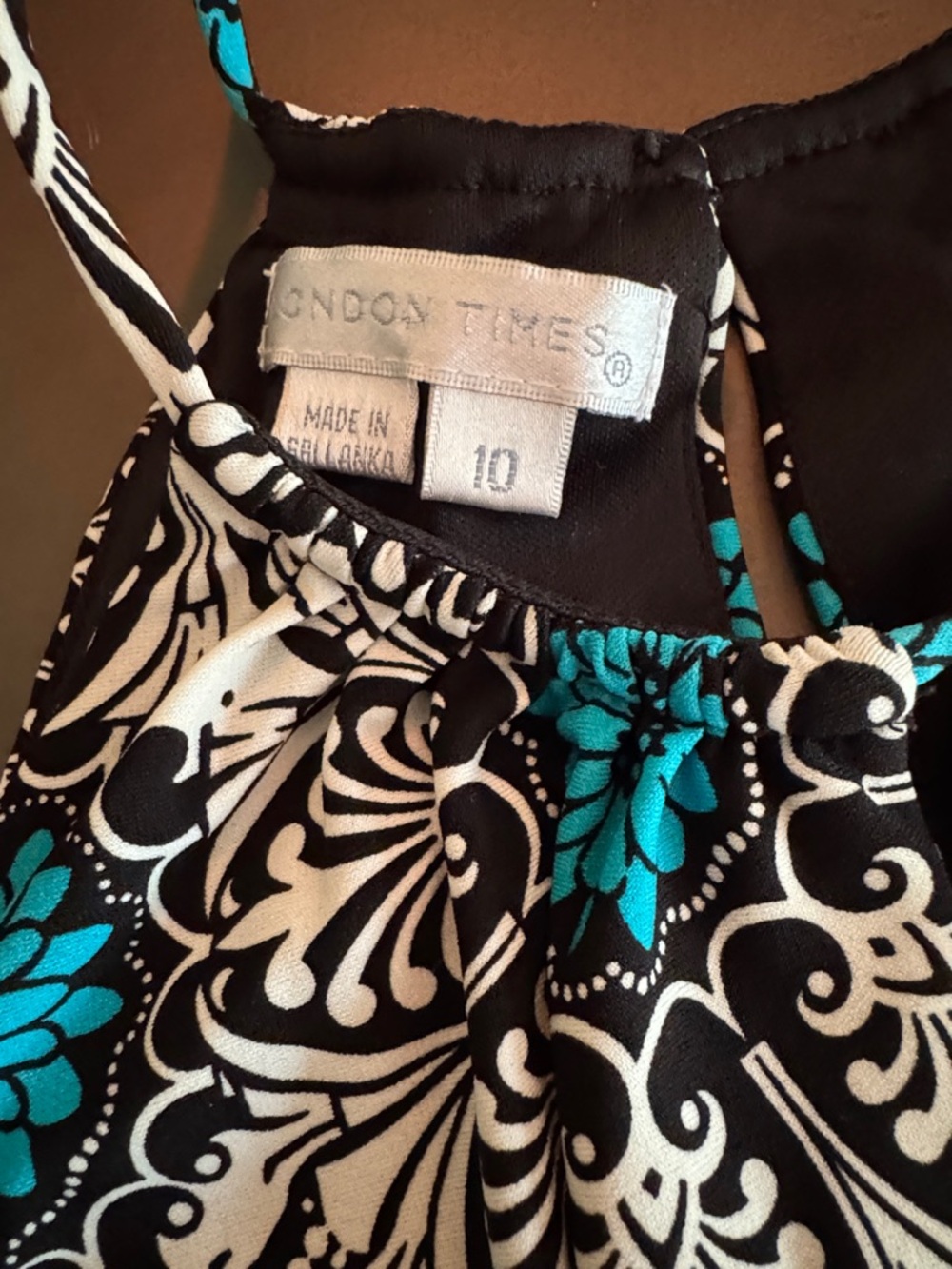 London Times Black White Teal Floral Halter Dress - Picture 2 of 3